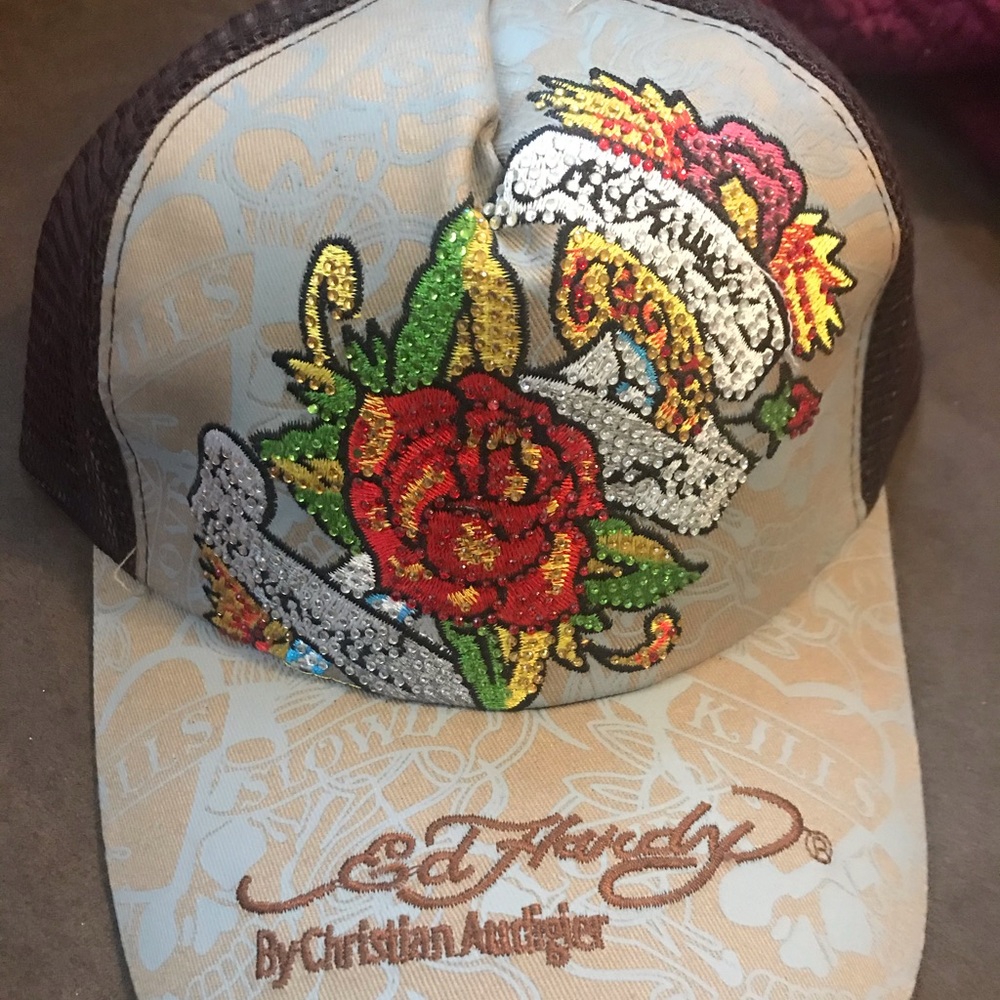 ed hardy y2k rose rhinestone cap
